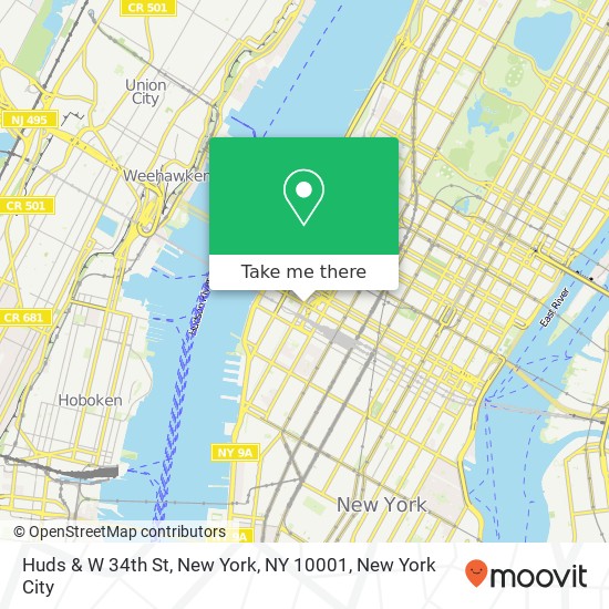 Huds & W 34th St, New York, NY 10001 map