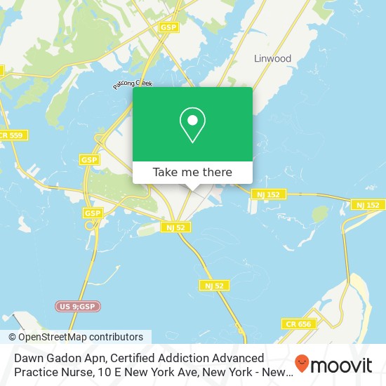 Mapa de Dawn Gadon Apn, Certified Addiction Advanced Practice Nurse, 10 E New York Ave