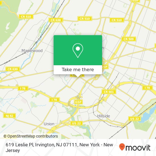 Mapa de 619 Leslie Pl, Irvington, NJ 07111