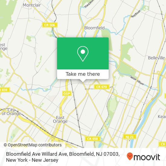 Mapa de Bloomfield Ave Willard Ave, Bloomfield, NJ 07003