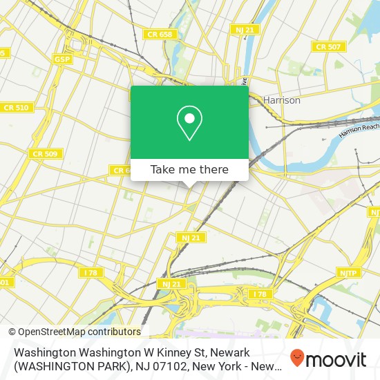 Mapa de Washington Washington W Kinney St, Newark (WASHINGTON PARK), NJ 07102