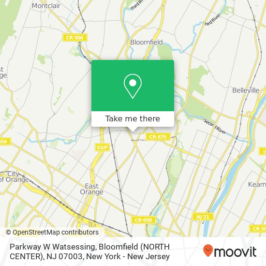 Mapa de Parkway W Watsessing, Bloomfield (NORTH CENTER), NJ 07003
