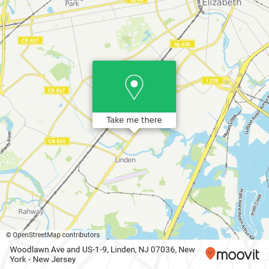 Mapa de Woodlawn Ave and US-1-9, Linden, NJ 07036