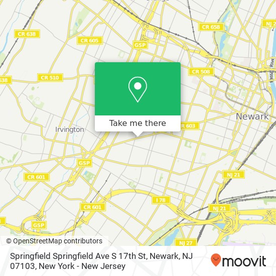 Mapa de Springfield Springfield Ave S 17th St, Newark, NJ 07103