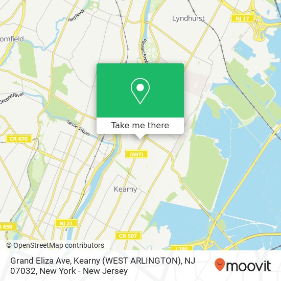 Mapa de Grand Eliza Ave, Kearny (WEST ARLINGTON), NJ 07032