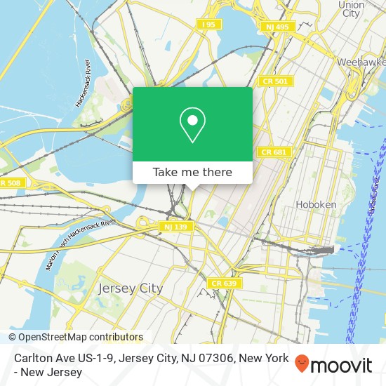 Mapa de Carlton Ave US-1-9, Jersey City, NJ 07306