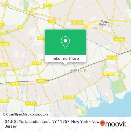 Mapa de 34th St York, Lindenhurst, NY 11757
