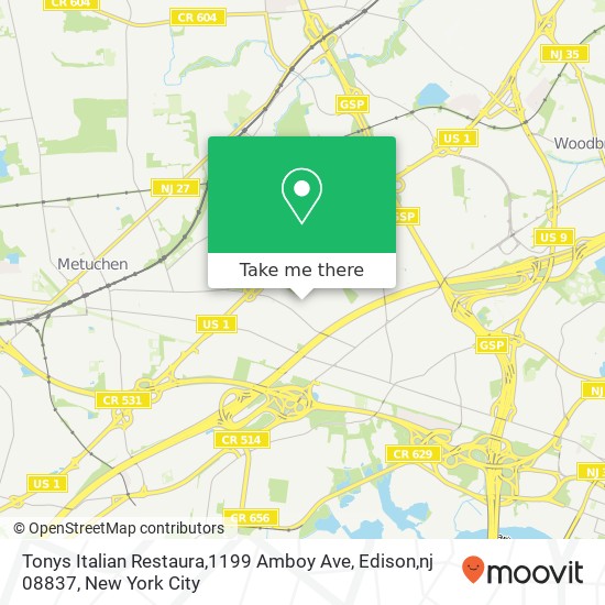 Mapa de Tonys Italian Restaura,1199 Amboy Ave, Edison,nj 08837