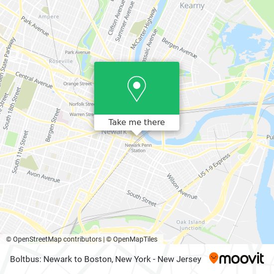 Boltbus: Newark to Boston map