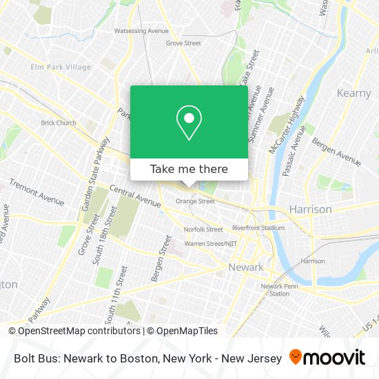 Bolt Bus: Newark to Boston map
