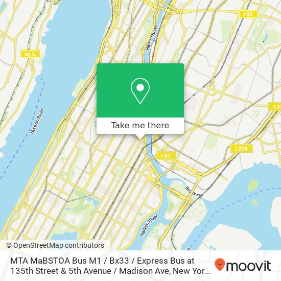 Mapa de MTA MaBSTOA Bus M1 / Bx33 / Express Bus at 135th Street & 5th Avenue / Madison Ave