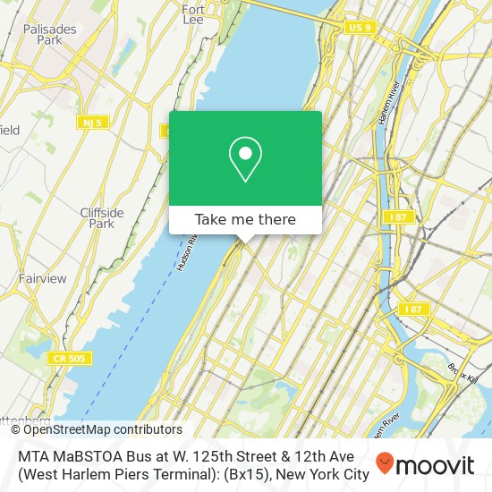Mapa de MTA MaBSTOA Bus at W. 125th Street & 12th Ave (West Harlem Piers Terminal): (Bx15)