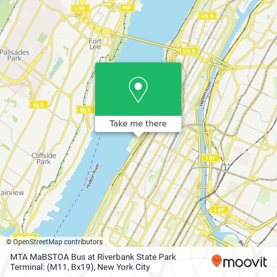 MTA MaBSTOA Bus at Riverbank State Park Terminal: (M11, Bx19) map
