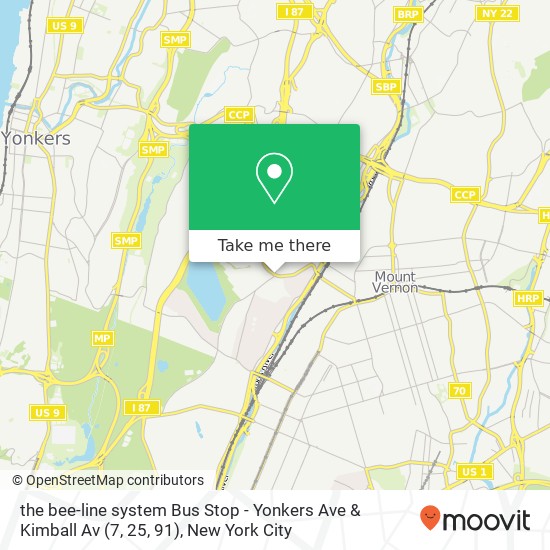 Mapa de the bee-line system Bus Stop - Yonkers Ave & Kimball Av (7, 25, 91)