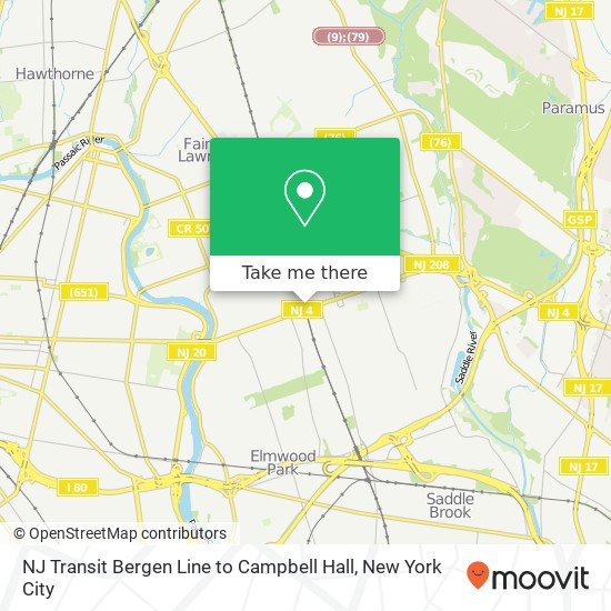 Mapa de NJ Transit Bergen Line to Campbell Hall