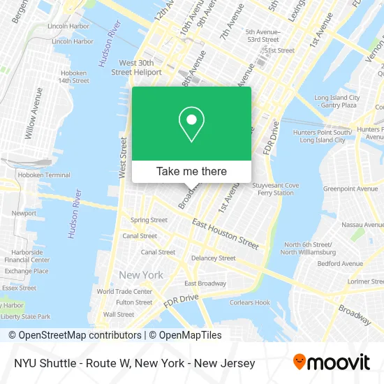 NYU Shuttle - Route W map