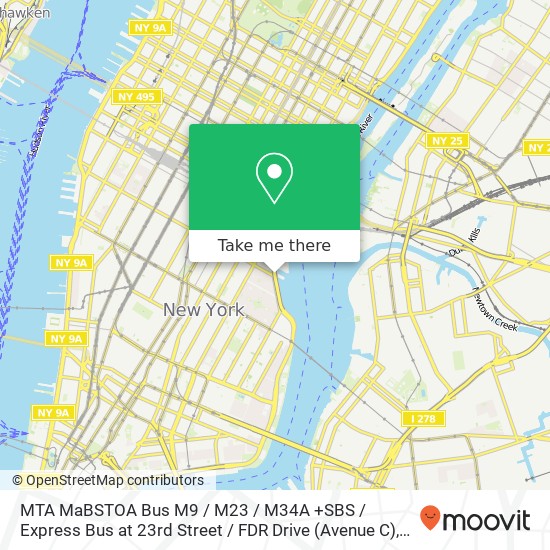 Mapa de MTA MaBSTOA Bus M9 / M23 / M34A +SBS / Express Bus at 23rd Street / FDR Drive (Avenue C)