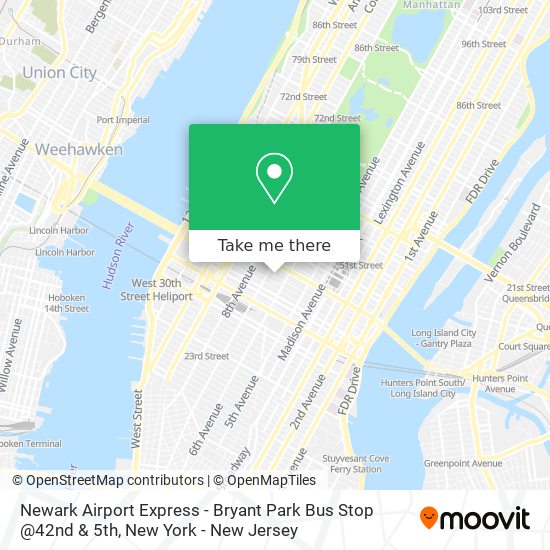 Mapa de Newark Airport Express - Bryant Park Bus Stop @42nd & 5th