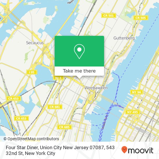 Mapa de Four Star Diner, Union City New Jersey 07087, 543 32nd St