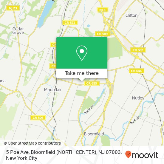 Mapa de 5 Poe Ave, Bloomfield (NORTH CENTER), NJ 07003