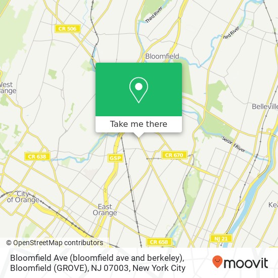 Mapa de Bloomfield Ave (bloomfield ave and berkeley), Bloomfield (GROVE), NJ 07003