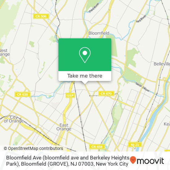Mapa de Bloomfield Ave (bloomfield ave and Berkeley Heights Park), Bloomfield (GROVE), NJ 07003
