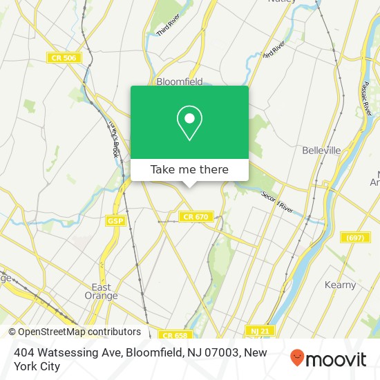 Mapa de 404 Watsessing Ave, Bloomfield, NJ 07003