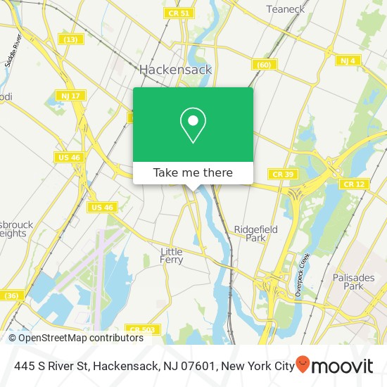 Mapa de 445 S River St, Hackensack, NJ 07601