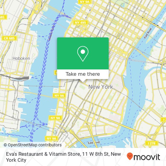 Mapa de Eva's Restaurant & Vitamin Store, 11 W 8th St