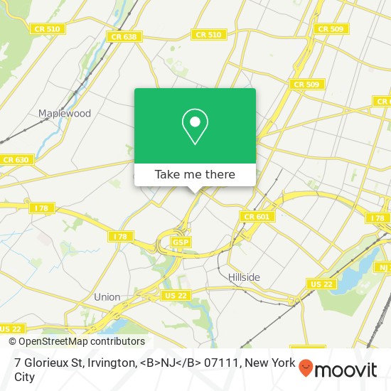 Mapa de 7 Glorieux St, Irvington, <B>NJ< / B> 07111