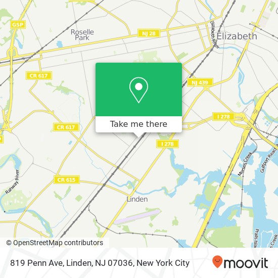 Mapa de 819 Penn Ave, Linden, NJ 07036