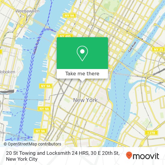 Mapa de 20 St Towing and Locksmith 24 HRS, 30 E 20th St