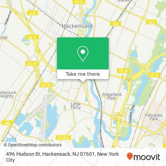 Mapa de 496 Hudson St, Hackensack, NJ 07601