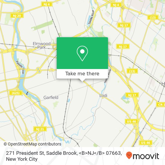 Mapa de 271 President St, Saddle Brook, <B>NJ< / B> 07663