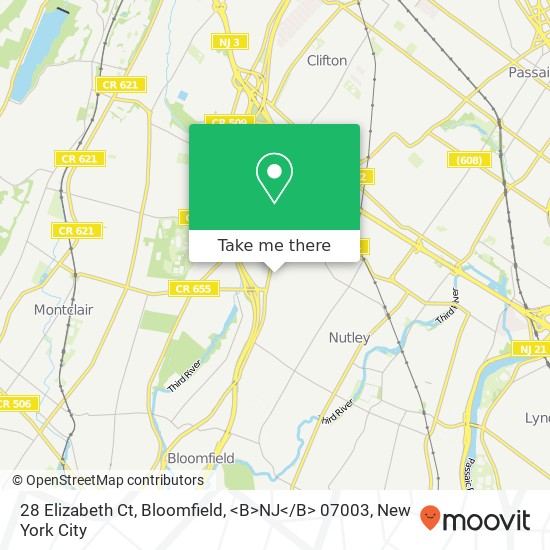 Mapa de 28 Elizabeth Ct, Bloomfield, <B>NJ< / B> 07003