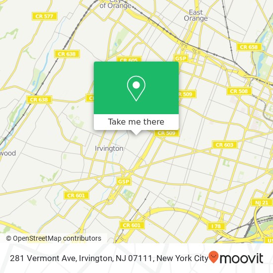 Mapa de 281 Vermont Ave, Irvington, NJ 07111