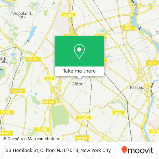 Mapa de 33 Hemlock St, Clifton, NJ 07013