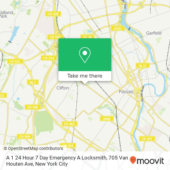 Mapa de A 1 24 Hour 7 Day Emergency A Locksmith, 705 Van Houten Ave