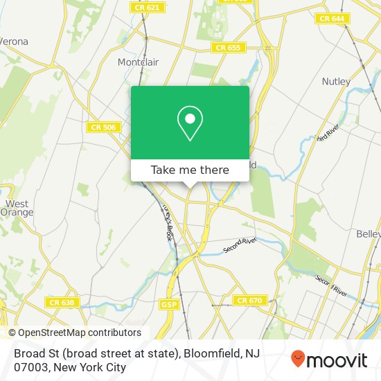 Mapa de Broad St (broad street at state), Bloomfield, NJ 07003