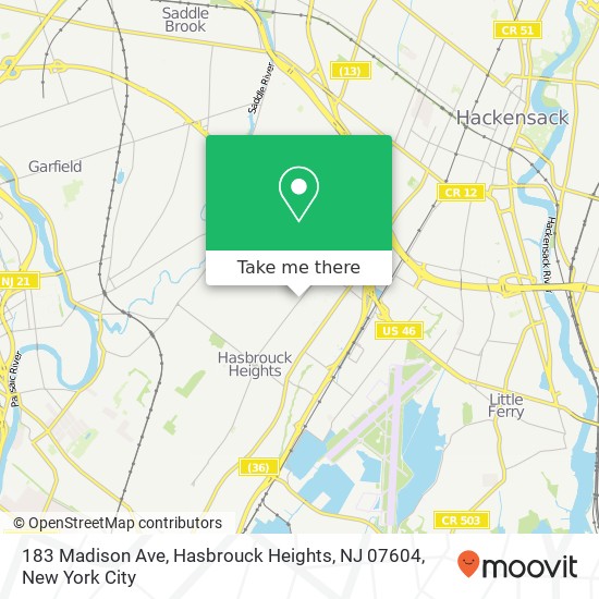 Mapa de 183 Madison Ave, Hasbrouck Heights, NJ 07604