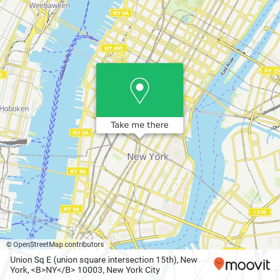 Union Sq E (union square intersection 15th), New York, <B>NY< / B> 10003 map