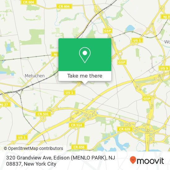 Mapa de 320 Grandview Ave, Edison (MENLO PARK), NJ 08837