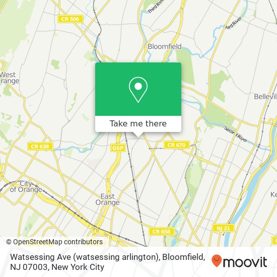 Mapa de Watsessing Ave (watsessing arlington), Bloomfield, NJ 07003