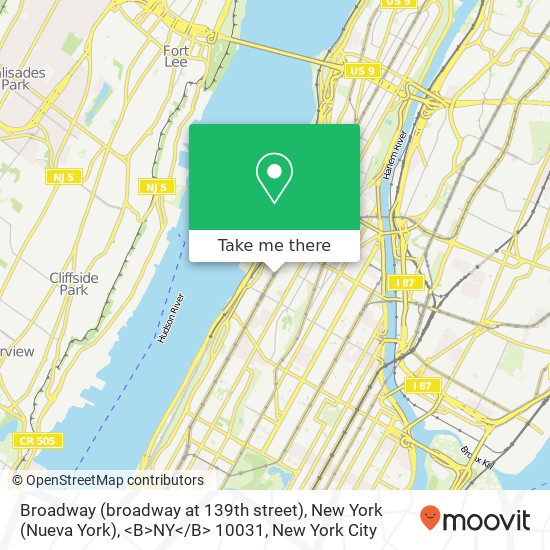 Mapa de Broadway (broadway at 139th street), New York (Nueva York), <B>NY< / B> 10031