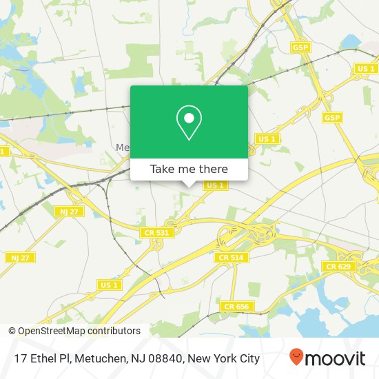 Mapa de 17 Ethel Pl, Metuchen, NJ 08840