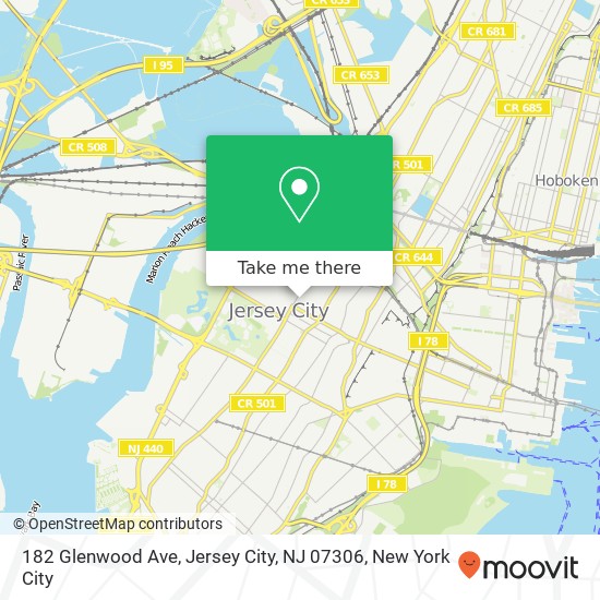 Mapa de 182 Glenwood Ave, Jersey City, NJ 07306