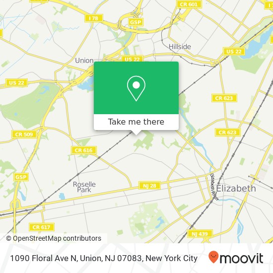 Mapa de 1090 Floral Ave N, Union, NJ 07083