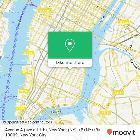 Mapa de Avenue A (ave a 11th), New York (NY), <B>NY< / B> 10009