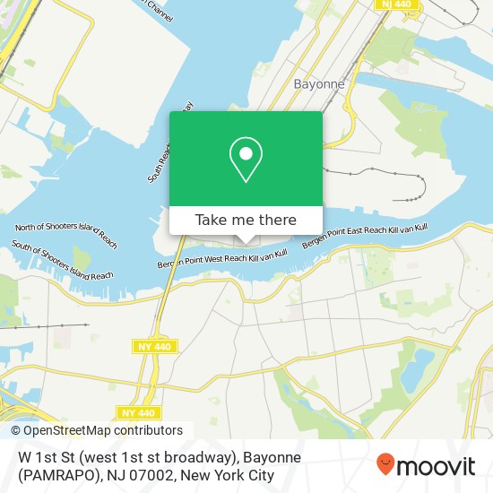 Mapa de W 1st St (west 1st st broadway), Bayonne (PAMRAPO), NJ 07002
