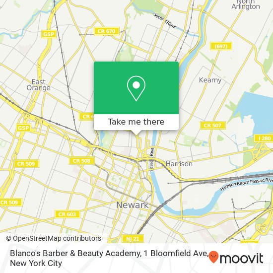 Mapa de Blanco's Barber & Beauty Academy, 1 Bloomfield Ave